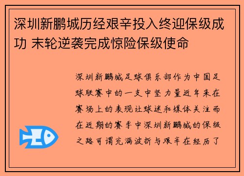 深圳新鹏城历经艰辛投入终迎保级成功 末轮逆袭完成惊险保级使命