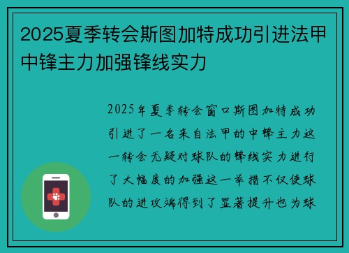 2025夏季转会斯图加特成功引进法甲中锋主力加强锋线实力